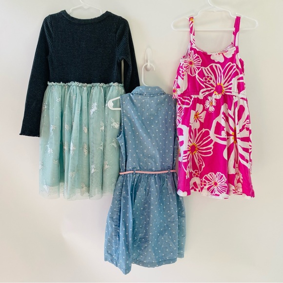 EUC Set of THREE Dresses Kids Size 6/6x Unicorn Floral Denim print hearts - Picture 5 of 10